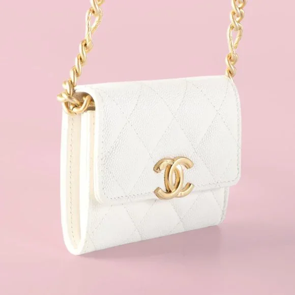 Chanel Plate Logo CC Flap Card Holder on Chain Quilted Caviar Mini - Picture 2 of 11